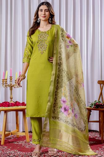 Parrot green viscose silk straight kurti pant dupatta set