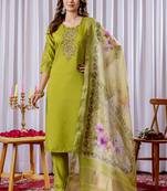 Parrot green viscose silk straight kurti pant dupatta set