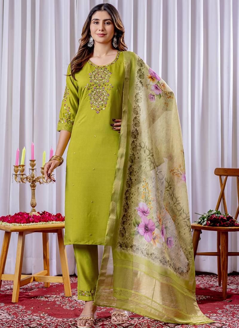 Parrot green viscose silk straight kurti pant dupatta set