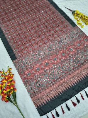 Red Color Printed And Real Mirror Work Chinon silk blendSaree 1
