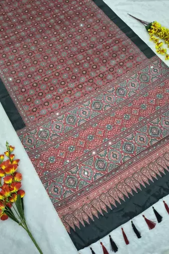 Red Color Printed And Real Mirror Work Chinon silk blendSaree