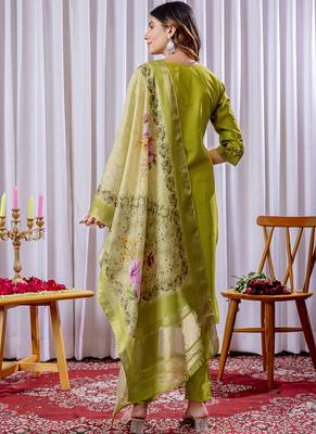 Parrot green viscose silk straight kurti pant dupatta set 2