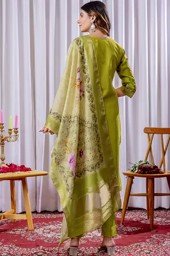 Parrot green viscose silk straight kurti pant dupatta set