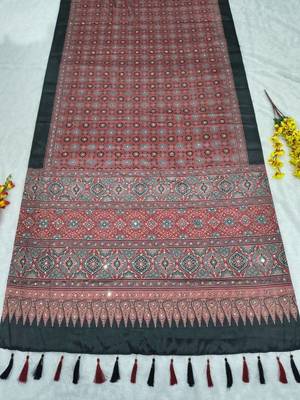 Red Color Printed And Real Mirror Work Chinon silk blendSaree 2