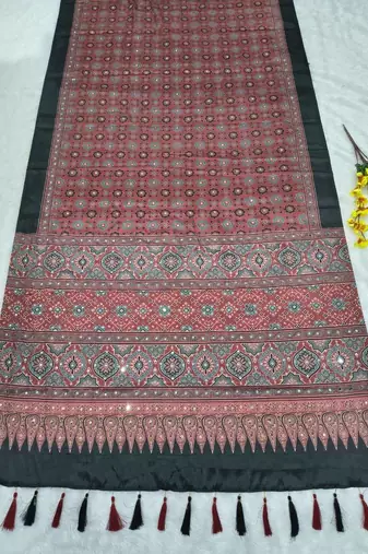 Red Color Printed And Real Mirror Work Chinon silk blendSaree