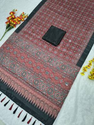 Red Color Printed And Real Mirror Work Chinon silk blendSaree 3