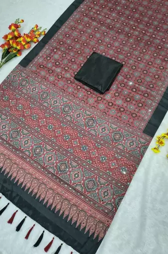 Red Color Printed And Real Mirror Work Chinon silk blendSaree