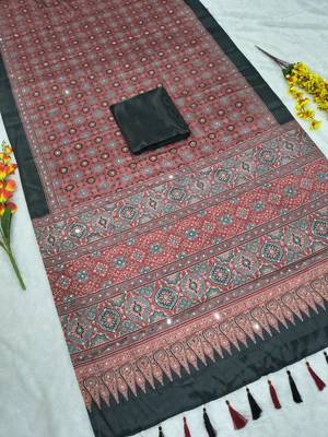 Red Color Printed And Real Mirror Work Chinon silk blendSaree 4