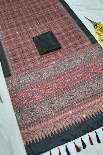 Red Color Printed And Real Mirror Work Chinon silk blendSaree