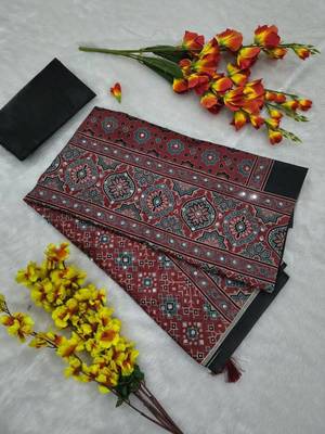 Red Color Printed And Real Mirror Work Chinon silk blendSaree 5