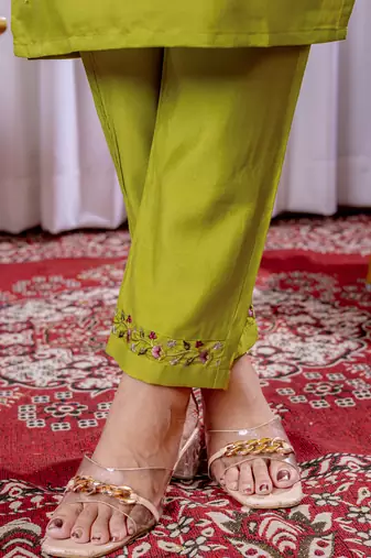 Parrot green viscose silk straight kurti pant dupatta set