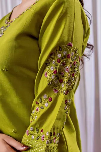 Parrot green viscose silk straight kurti pant dupatta set