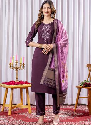 Wine viscose silk straight kurti pant dupatta set 1