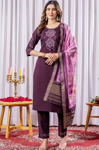 Wine viscose silk straight kurti pant dupatta set