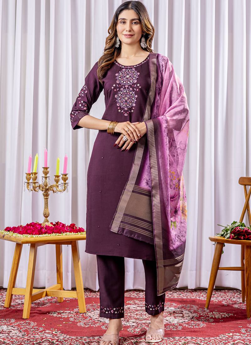 Wine viscose silk straight kurti pant dupatta set