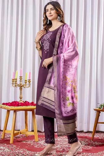 Wine viscose silk straight kurti pant dupatta set