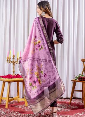 Wine viscose silk straight kurti pant dupatta set 3