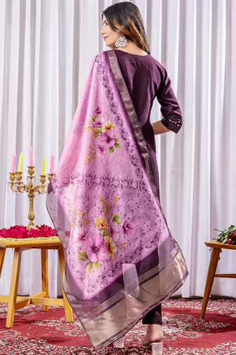 Wine viscose silk straight kurti pant dupatta set
