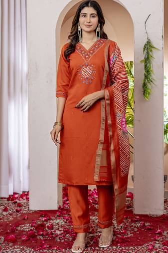 Orange marina viscose silk straight kurti pant dupatta set