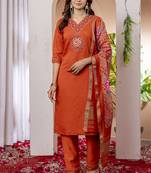 Orange marina viscose silk straight kurti pant dupatta set