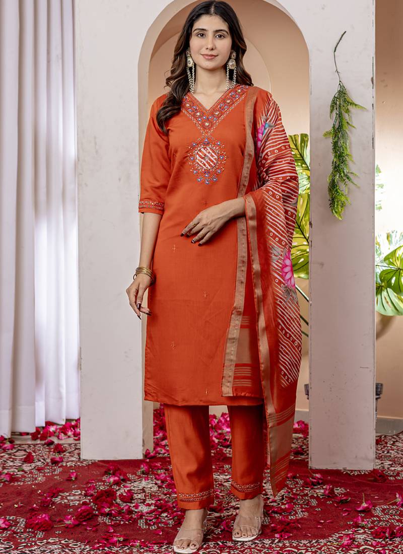 Orange marina viscose silk straight kurti pant dupatta set