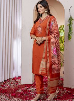 Orange marina viscose silk straight kurti pant dupatta set 2