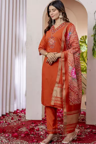 Orange marina viscose silk straight kurti pant dupatta set