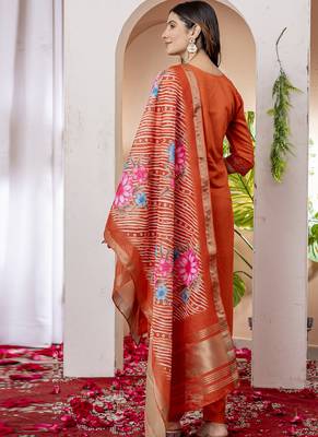 Orange marina viscose silk straight kurti pant dupatta set 3