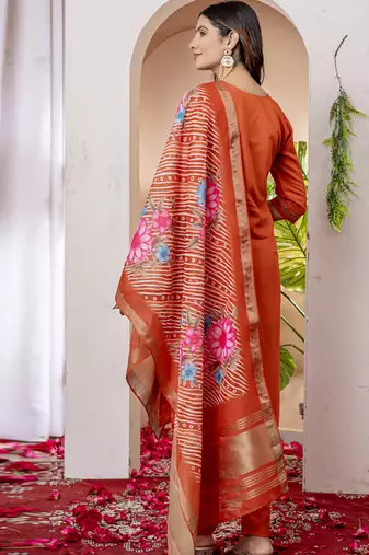 Orange marina viscose silk straight kurti pant dupatta set