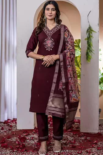 Wine marina viscose silk straight kurti pant dupatta set