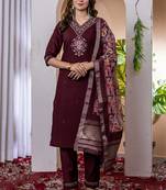 Wine marina viscose silk straight kurti pant dupatta set