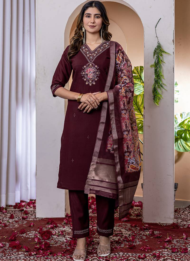 Wine marina viscose silk straight kurti pant dupatta set