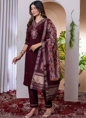 Wine marina viscose silk straight kurti pant dupatta set 2
