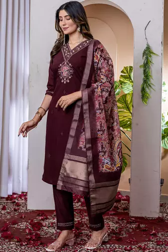 Wine marina viscose silk straight kurti pant dupatta set