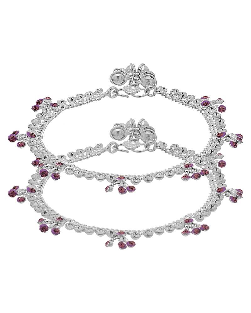Purple Stones Adorned Silver Toned Anklet Pair