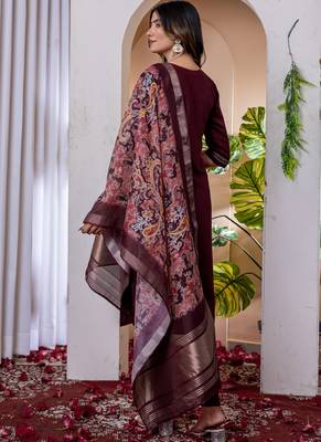 Wine marina viscose silk straight kurti pant dupatta set 3