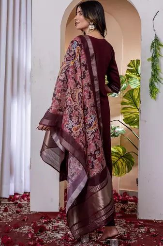 Wine marina viscose silk straight kurti pant dupatta set