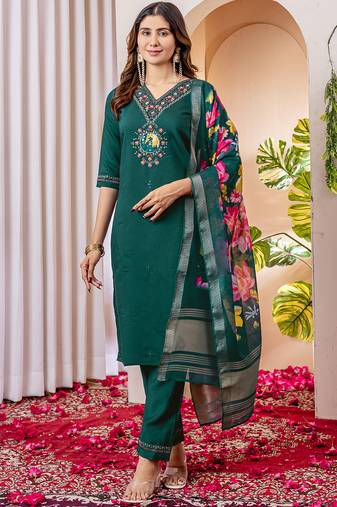 Green marina viscose silk straight kurti pant dupatta set