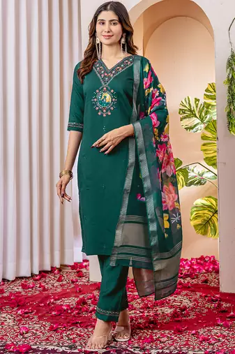 Green marina viscose silk straight kurti pant dupatta set