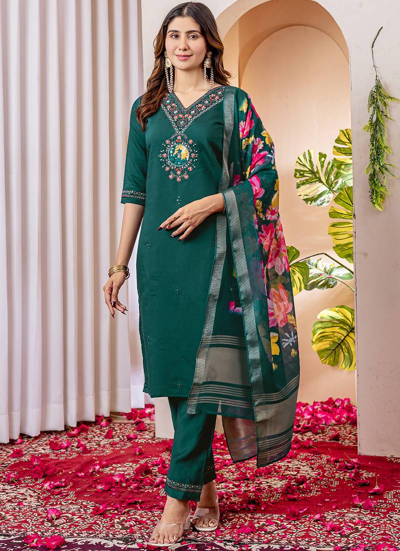 Green marina viscose silk straight kurti pant dupatta set