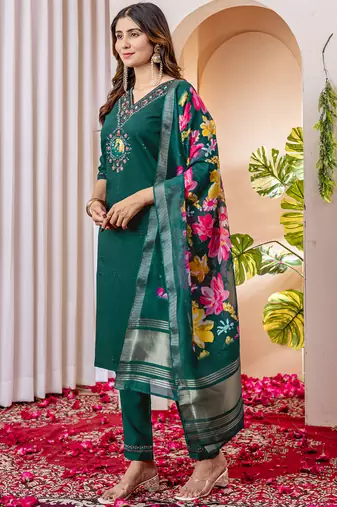 Green marina viscose silk straight kurti pant dupatta set