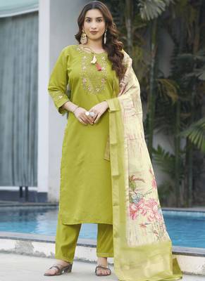 Parrot green viscose silk straight kurti pant dupatta set 1