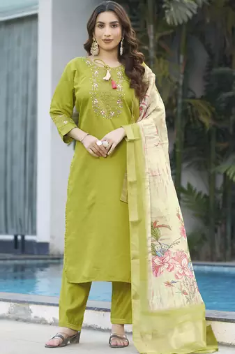 Parrot green viscose silk straight kurti pant dupatta set