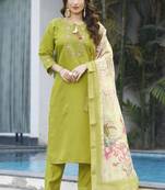 Parrot green viscose silk straight kurti pant dupatta set
