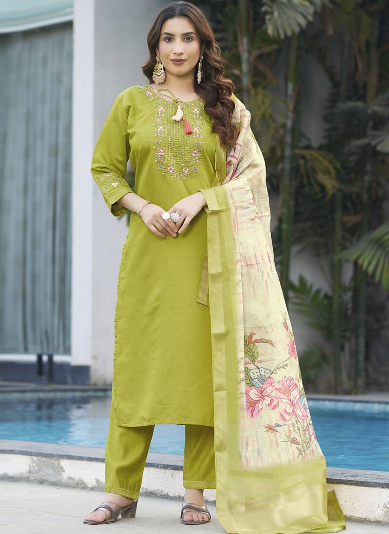 Parrot green viscose silk straight kurti pant dupatta set