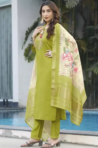 Parrot green viscose silk straight kurti pant dupatta set