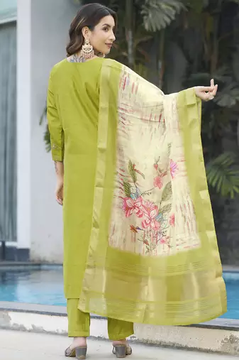 Parrot green viscose silk straight kurti pant dupatta set