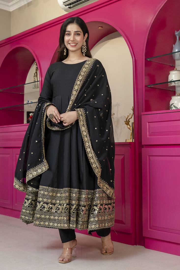 Black rayon party wear embroidery suit set