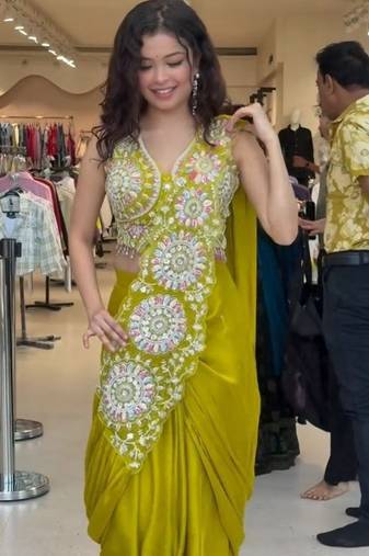 yellow embroidery sequin chinon silk ready to wear saree