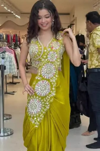yellow embroidery sequin chinon silk ready to wear saree